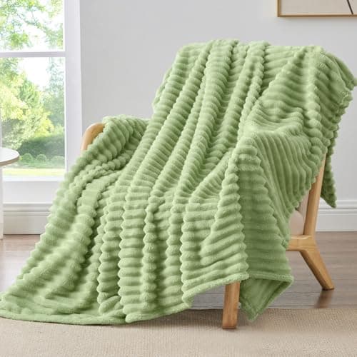 BEDELITE Twin Blanket for Couch & Bed, 300GSM Soft & Warm Fleece Blanket, Decorative and Giftable Striped Sage Green Blankets for Women, Men, 60"x80" - Image 1