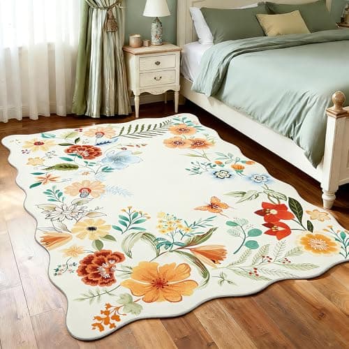 Carvapet 5x7 Floral Botanical Area Rug 5 x 7 Ultra-Thin Washable Low Pile Boho Rug for Living Room Bedroom Nursery, Non Slip Stain Resistant Soft Scalloped Carpet, Beige Botanical Indoor Rug - Image 1