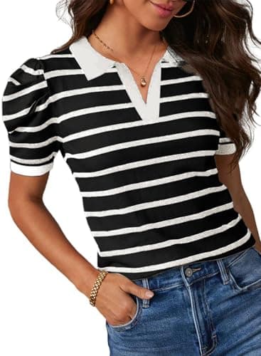 Dokotoo Womens Tops Casual Spring Summer 2026 Collared T Shirts V Neck Blouse Puff Short Sleeve Shirts Dressy Knit Tops Black White Stripes Shirts for Women Business Casual Polo Shirts Stripe XL - Image 1