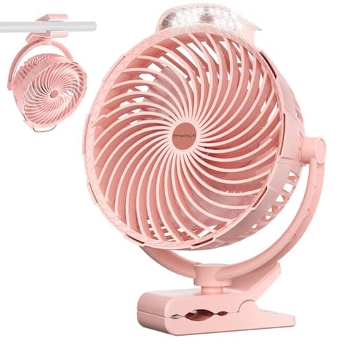 Tenvolti 10000mAh Clip on Fan, 8-Inch Golf Cart Fan Rechargeable with LED Light, 9 Speeds Strong Airflow, Ultra Quiet, 30Hrs Runtime, 360° Rotation, Cooling for Bed Camping Office Desk Dorm, Pink - Image 1