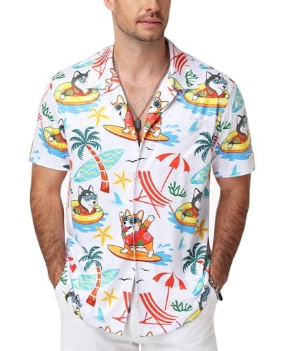 SEAOYOZO Hawaiian Shirt for Men Short Sleeve Tropical Button Down Floral Holiday Vacation Beach Shirts Stretchy Breathable Wrinkle Free M Puppy Vacation White Print - Image 1