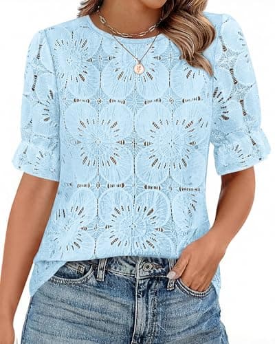 KIRUNDO Lace Tops for Women Blouses Dressy Casual Boho Eyelet Puff Short Sleeve Shirts Spring Summer Clothes Vacation Outfits(Baby Blue, Medium) - Image 1