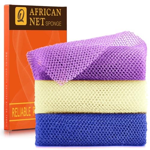 UJFQBH 3 Pieces African Bath Sponge African Net Long Net Bath Sponge Exfoliating Shower Body Scrubber Back Scrubber Skin Smoother,Great for Daily Use (Purple,Blue,Off-White) - Image 1