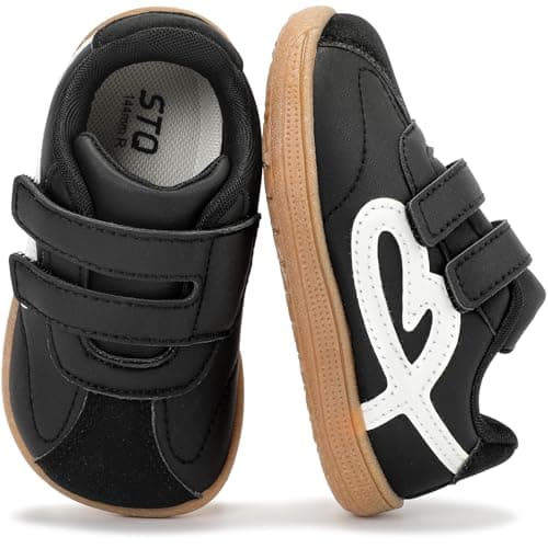 STQ Toddler Girls Sneaker Wide Toe Box Non Slip Barefoot Shoe Comfortable Walking Shoes with Hook and Loop Graphite Black Infant 3 - Image 1