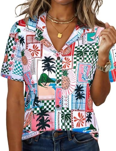 LILYCHIC Womens Short Sleeve Hawaiian Shirts V Neck Cowgirl Tshirts Button Down Summer Blouse Hawaiian Beach Outfit - Image 1