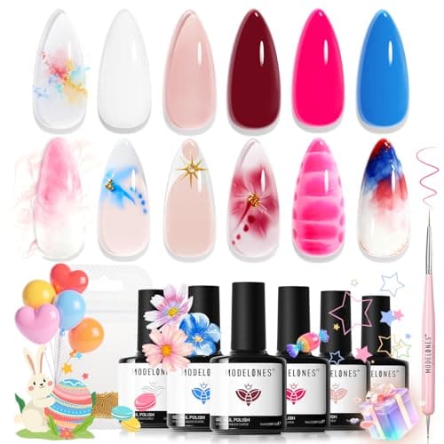 Modelones Gel Nail Polish Set -6 Colors 2026 Easter Hot Pink Blue Milky White Clear Blooming Gel Polish Burgundy Nude French Jelly Nail Gel Polish DIY Gift with Golden Beads & Nail Dotting-Liner Brush - Image 1