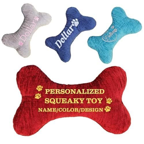SINUOLIN Personalized Squeaky Dog Toys, Embroidered Bone Shape Chenille Pet Pillow 8"x5"with Name, Dog Chew Puzzle Toy Custom Color Birthday Gifts for Small Medium Dogs - Image 1
