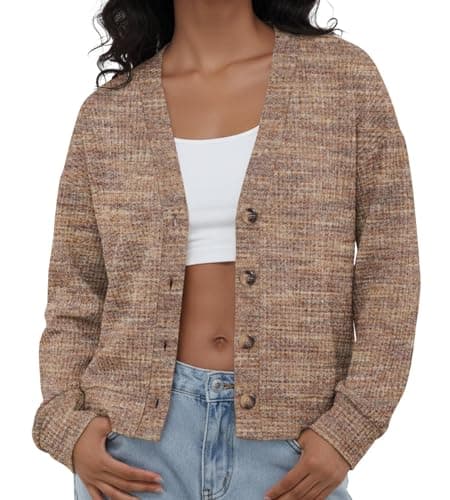 IWOLLENCE Women's Lightweight Cropped Cardigan V Neck Long Sleeve Waffle Knit Button Up Sweater Tops Preppy Trendy Seniors Fall Outfits Pastel Khaki, XL - Image 1