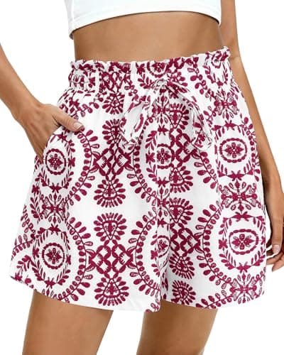 BTFBM Womens Shorts Dressy Casual Summer Spring Outfits 2026 Floral High Waist Wide Leg Loose Boho Vacation Beach Shorts(Burgundy, Medium) - Image 1