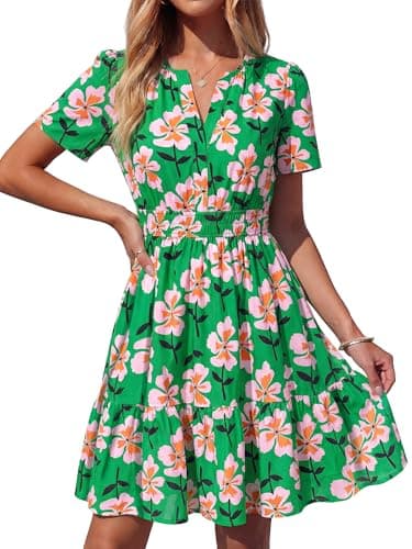BTFBM Summer Dresses for Women 2026 Lightweight Casual Short Sleeve Floral Mini Dress A Line Beach Vacation Sundress(Green Pink Flower, Medium) - Image 1