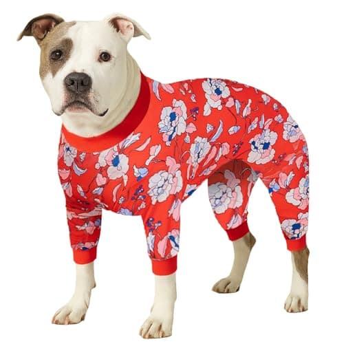 LovinPet Large Dogs PJS Sweatshirt, Anti Licking, UV Protections Dog Shirt, Stretchy Comfortable Skin-Friendly Fabric, Post Surgery Recovery Dog Pajamas, Red & Peach Floral Print, Onesies for Dogs,XL - Image 1
