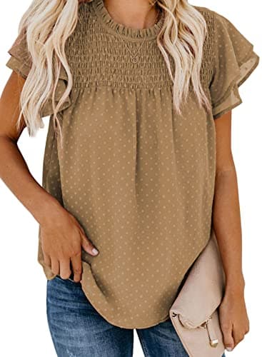 Dokotoo Blouses for Women Fashion 2026 Summer Lace Crewneck Ruffle Short Sleeve Smocked Shirts for Women Casual Loose Cute Swiss Dot Pom Pom Chiffon Blouse Tops S Khaki - Image 1
