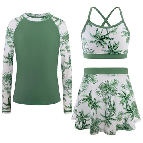Seanrui Swimsuits for Teens Bathing Suits Size 14-16 Rash Guard for Girls UPF 50 Long Sleeve Swim Shirt Swimsuit White Palm - Image 1