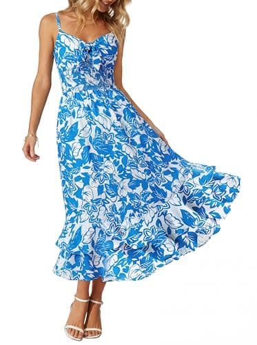 GRACE KARIN Womens Maxi Floral Sundresses Summer Beach Boho Dress Spaghetti Strap Dresses Casual Fashion Clothes with Pockets Blue L - Image 1