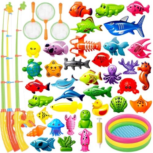 CozyBomB™ Magnetic Fishing Toys Game Set for Kids | Water Table Bathtub Kiddie Pool Party Pole Rod Net, Outdoor Plastic Floating Fish, Toddler Bath Color Ocean Sea Animals Birthday Gift Age 3-5 6 4-8 - Image 1