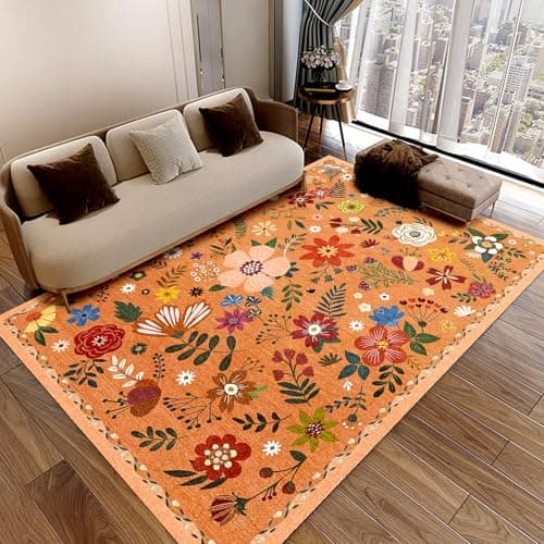 Washable Area Rugs, Floral Rug, Large Carpet for Living Room Bedroom,5'x 7',Orange - Image 1