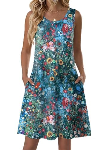 Zeagoo Summer Tank Dress Short Sundresses for Women Sleeveless Summer Dresses 2026 Pleated Loose Swing Aline Dress Floral Boho Sundress 0-Neck Mini Dresses with Pockets Colorful - Image 1