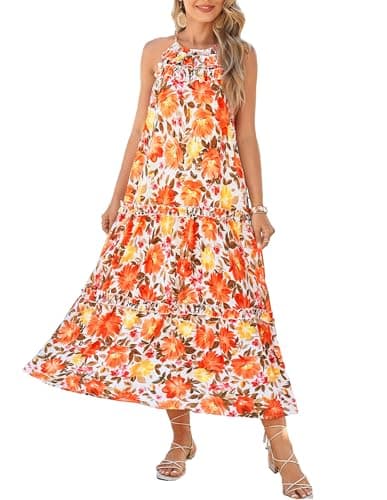 GRACE KARIN Women's Boho Maxi Dress Casual Summer Loose Long Floral Sundresses Flowy Halter Tiered Beach Vacation Dresses for Women Orange Medium Large Flowers M - Image 1