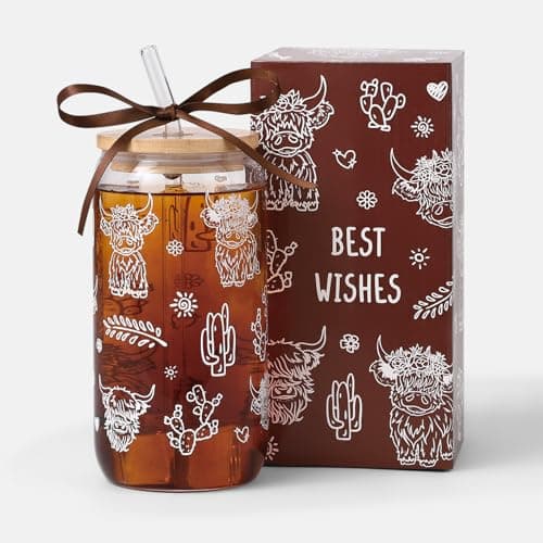 Celebloom Highland Cow Gifts for Women, Cute Glass Cups for Cow Lovers, Highland Cow Print Iced Coffee Tumbler for Christmas Birthday Mothers Day Gifts for Friend 16oz - Image 1