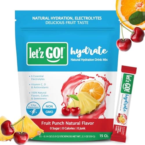 Let'z Go! Hydrate- Natural Hydration + Electrolyte Drink Mix- Hydration + Electrolytes + Antioxidant Powder Packets, Natural Flavors, Vitamins C + D | No Sugar | No Calories | (15 Count) Fruit Punch - Image 1