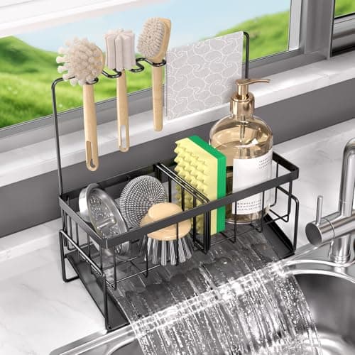 NAT MEYA Sponge Holder for Kitchen Sink,Stainless Steel Sink Caddy With Brush Holder and Dishcloth Holder,Sink Oragnizer Kitchen Countertop Dish Soap Dispenser Set,Multifunctional Sink Organizer Caddy - Image 1