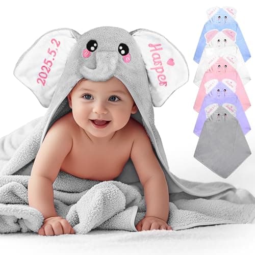 Individz Custom Hooded Bath Towel with Name, Personalized Absorbent Bunny Baby Towels, Soft Shower Towels for Girls Boys, Easter Brithday Gifts for Baby, Toddler, Newborn, Kids (Grey-Elephant) - Image 1
