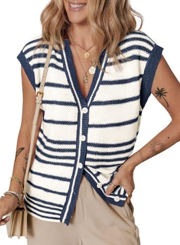 Dokotoo Womens Vest Striped V Neck Button Vest for Women Going Out Tops Sweater Vest Knit Cardigan Sweaters for Women Blue XX Large - Image 1