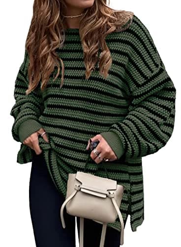 KIRUNDO Women's 2026 Fall Winter Oversized Long Sleeve Striped Sweater Casual Crewneck Side Split Pullover Knit Tops(Dark Army Green, Large) - Image 1