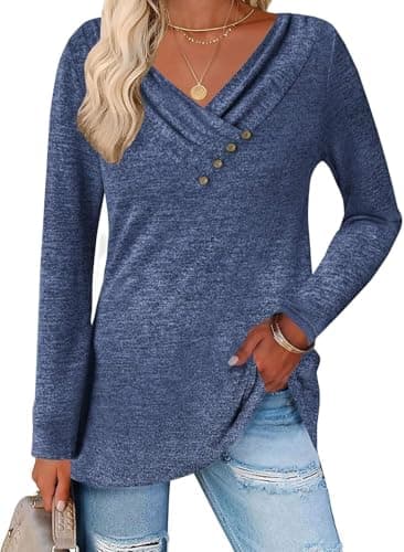 ALPSWARE Tunic Shirt Long Sleeve Basic Top V Neck Tunics Tshirt for Women 2025 Fall Navy S - Image 1