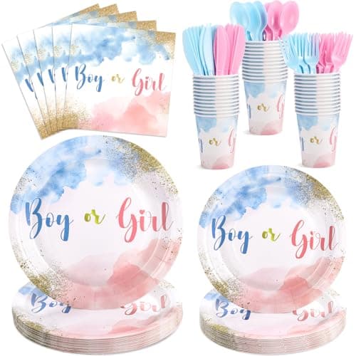 Xiangqu 175 Pcs Gender Reveal Plates and Napkins, Boy or Girl Gender Reveal Party Decorations Includes Gender Reveal Paper Plates Napkins Cups Plastic Cutlery for Baby Reveal Party,Serves 25 - Image 1