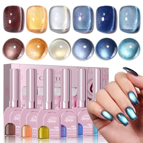 Cat Eye Gel Nail Polish Set, 6 Colors 12ML - 9D Glassy Holographic Glitter, Magnetic Nail Art Kit with Magnet, Soak Off UV LED Gel for DIY Home Salon Manicure Gift for Women - Image 1
