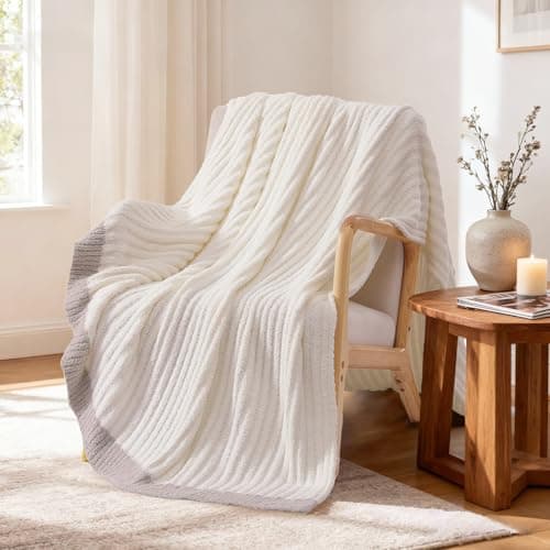 WRENSONGE Striped Throw Blanket, White Soft Cozy Fluffy Warm Hand Made Throw Blankets for Couch, Sofa, Chair, Bed, Camping, Picnic, Travel Lightweight Bed Blanket - 50"*60" - Image 1