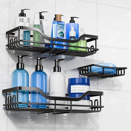 OMAIRA 3-Pack Shower Caddy with Soap Holder, Adhesive Rustproof No-drill Strudy Loading Inside Shower Organizer Shelves Rack Storage Bathroom Organization for Smooth Wall Glass Tile, Black (Large) - Image 1