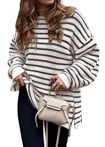 KIRUNDO Women's 2026 Fall Winter Oversized Long Sleeve Striped Sweater Casual Crewneck Side Split Pullover Knit Tops(Striped Coffee, X-Large) - Image 1