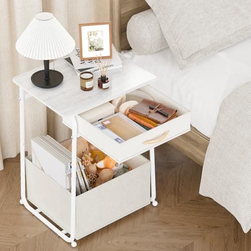 Olldide 3-Tier Bedside Table with Storage, Modern Square Nightstand with Fabric Storage Basket & Drawers, Multifunctional Side Table for Living Room, Bedroom (White) - Image 1