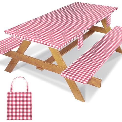 Jobunai Fitted Picnic Table Cover with Bench Covers Elastic Waterproof Outdoor Camping Tablecloth for 6 Foot Rectangle Tables Camper Summer Accessories Rv Car Essentials Vacation Gifts for Men Women - Image 1