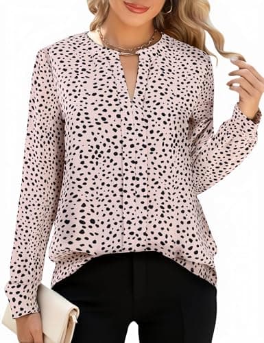 SOFIA'S CHOICE Work Tops for Women Business Casual Long Sleeve Dressy Blouse Corporate Outfits Shirts Black Beige Dot Large - Image 1