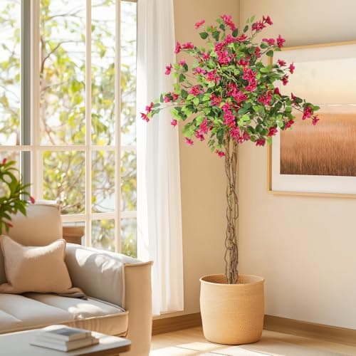 GarveeHome 6 ft Artificial Bougainvillea Tree, Tall Potted Fake Tree Indoor, Faux Tree with Wood Trunk and Pink Flowers for Outdoor - Image 1