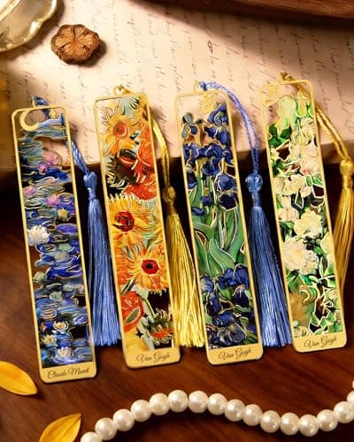 HOMTEK 4 Pieces Metal Bookmarks with Tassel, Golden Hollow Bookmark Van Gogh Monet Oil Painting Theme Book Marker for Book Lovers Writers Readers Children Teens Men Women Adults - Image 1