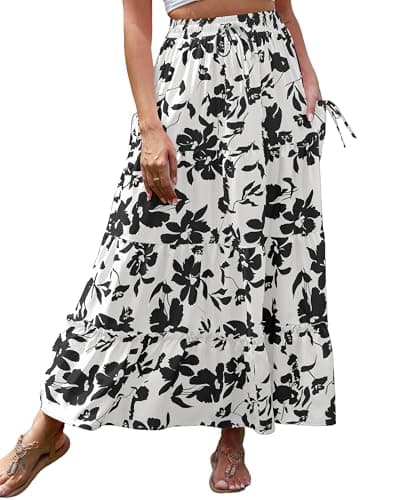 Bsubseach Womens Maxi Skirts 2026 Summer Boho Elastic High Waist Floral Print Pleated Ruffle Flowy Long Skirt with Pockets Print Black - Image 1