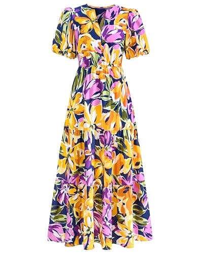dowerme Womens Summer Dresses 2026 Casual Puff Short Sleeve V Neck Floral Boho Tiered Ruffle Maxi Dress with Pockets(Navy Yellow Purple,Small) - Image 1