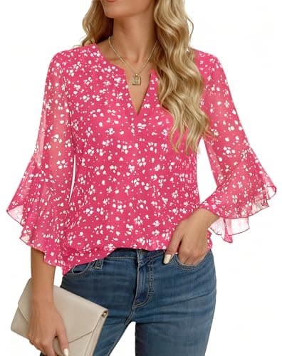 GKBK Womens 3/4 Sleeve Tops Dressy Casual Business Work Blouses Office Shirts Raspberry Pink XL - Image 1