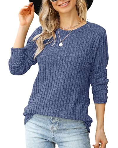 WNEEDU Long Sleeve Shirts for Womens Crewneck Pullover Sweater - Casual Lightweight Tunic Tops 2026 Fall Winter Clothes(Blue,2XL) - Image 1