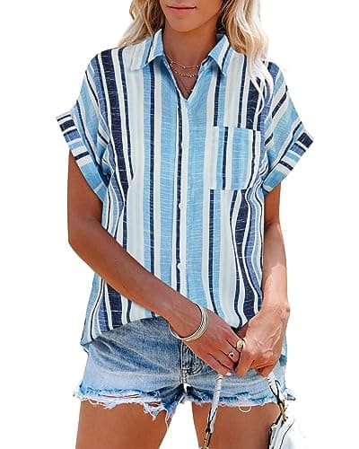 SySea Womens Short Sleeve Striped Shirts Casual Button Down V Neck Work Blouses Tops Navy - Image 1