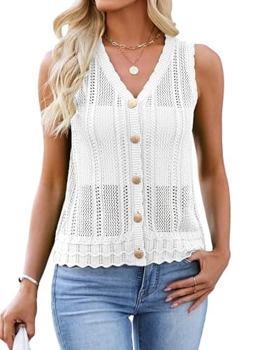 Bellcoco Womens Crochet V Neck Sweater Vest Hollow Out Summer Sleeveless Tops Knit Spring Cardigans Button Down Tank Top White S - Image 1