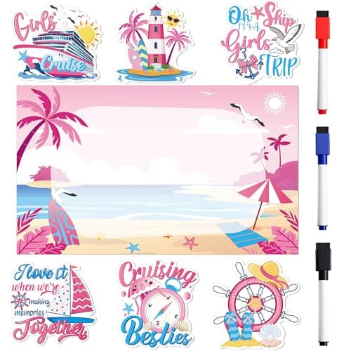 Cruise Door Decorations Magnetic, 7 Pcs Girls Trip Cruise Door Magnets with Pink & Blue Nautical Vacation Designs, Girls Cruising Magnetic Ship Cabin Signs Fridge Magnets, with 3 Pens - Image 1