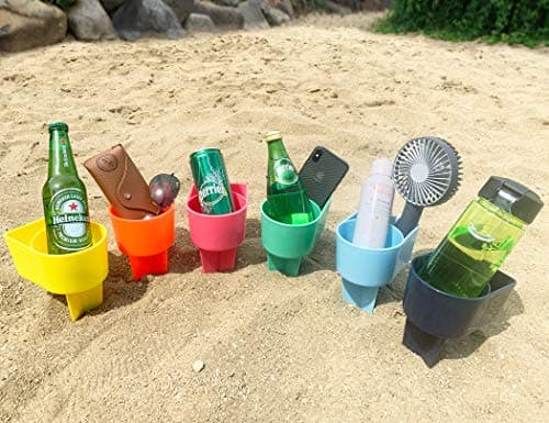 Home Queen Beach Cup Holder with Pocket, Multifunctional Sand Cup Holder for Beverage Phone Sunglass Key, Beach Accessory Drink Sand Coaster, Set of 6 (Navy, Teal, Yellow, Orange, Blue and Pink) - Image 1