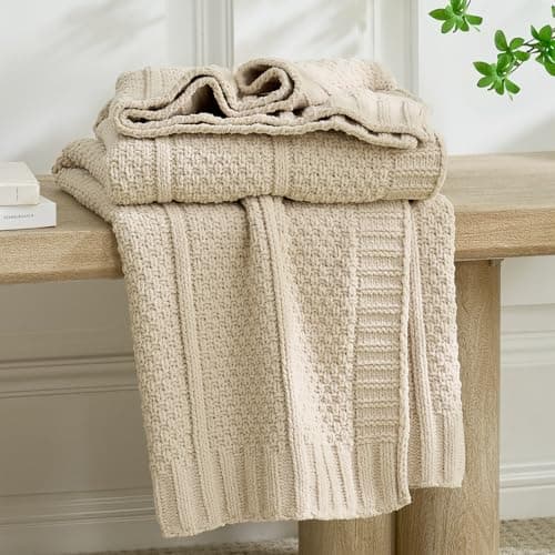 Amélie Home Premium Chenille Throw Blanket, Soft Cozy Moss Stitch Knit Blanket for Couch, Sofa, Chair, Home Decor, Beige 50"x60" - Image 1