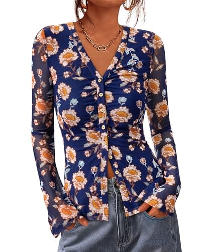 BTFBM Button Down Shirts for Women 2026 Spring Boho Tops V Neck Long Sleeve Blouses Ruched Mesh Fitted Fall Fashion(Blue, X-Large) - Image 1