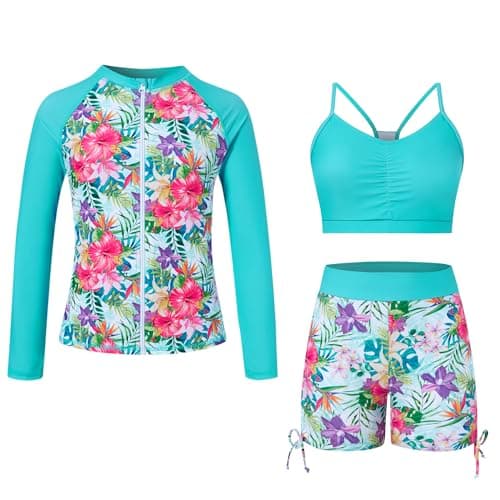 Funnycokid Little Girl Swimsuit Size 5 6 Rash Guard Zipper Bathing Suit Cute Green Floral Swimwear Short Long Sleeve 3 Pieces Kids Bikini - Image 1